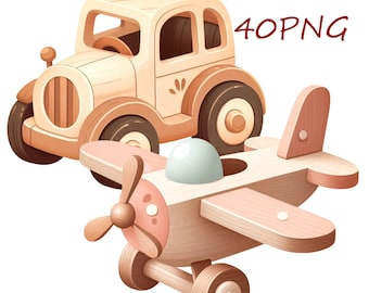 Imágenes prediseñadas de juguetes de madera, guardería Montessori para bebés, 40 imágenes PNG para descarga digital