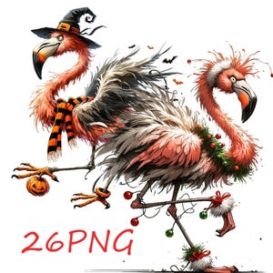 May include: Two pink flamingos with detailed feathers. The left flamingo wears a black witch hat and orange-black striped scarf, holding a small jack-o'-lantern. The right flamingo wears a Santa hat and green garland, with red and green ornaments.