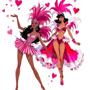 Puede incluir: Ilustraci&oacute;n de dos mujeres con vibrantes trajes de carnaval rosas y rojos, adornados con tocados de plumas y detalles de coraz&oacute;n. La obra presenta un tema alegre y festivo sobre un fondo blanco.