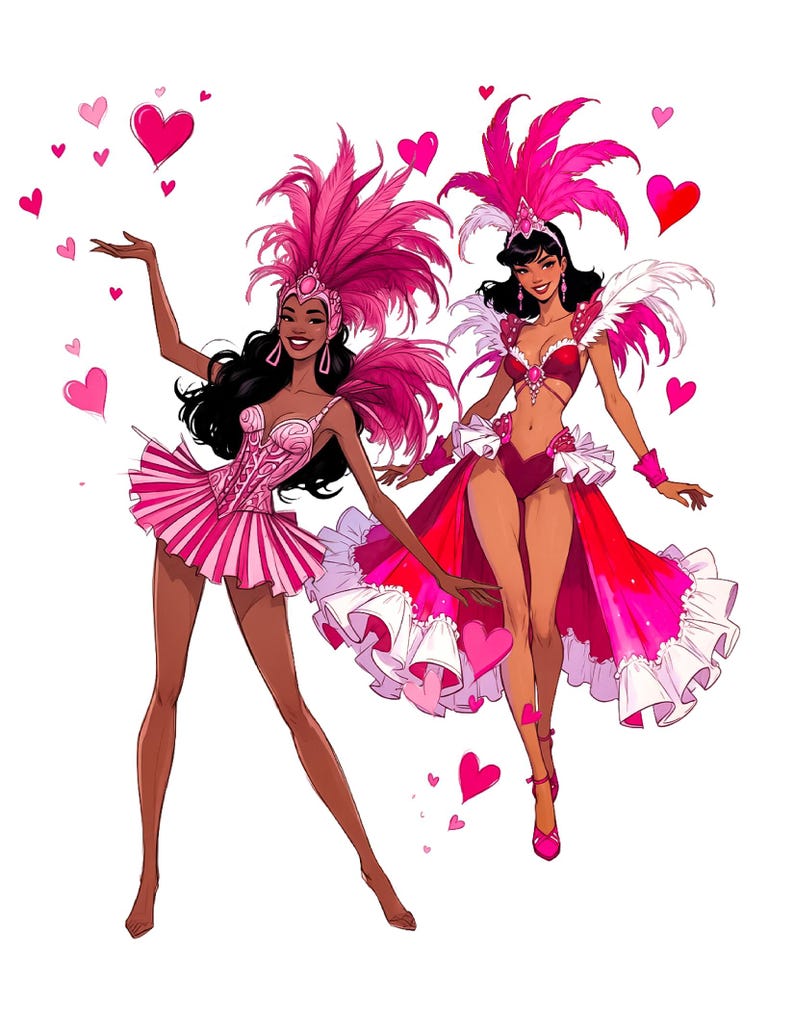 Puede incluir: Ilustraci&oacute;n de dos mujeres con vibrantes trajes de carnaval rosas y rojos, adornados con tocados de plumas y detalles de coraz&oacute;n. La obra presenta un tema alegre y festivo sobre un fondo blanco.