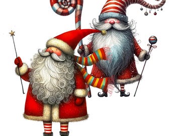 May include: A festive illustration shows two Santa Claus figures. One holds a star wand, the other a candy cane. Both wear red coats, hats, and striped socks, with long white beards and jolly expressions. A colourful scarf connects them. Christmas theme.