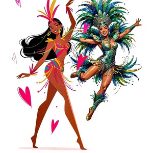 Puede incluir: Ilustraci&oacute;n de dos mujeres con vibrantes trajes de carnaval. Una lleva un atuendo rosa, amarillo y verde con un tocado de plumas. La otra lleva un disfraz verde y azul con un tocado enjoyado. Corazones rosas flotan en el fondo.
