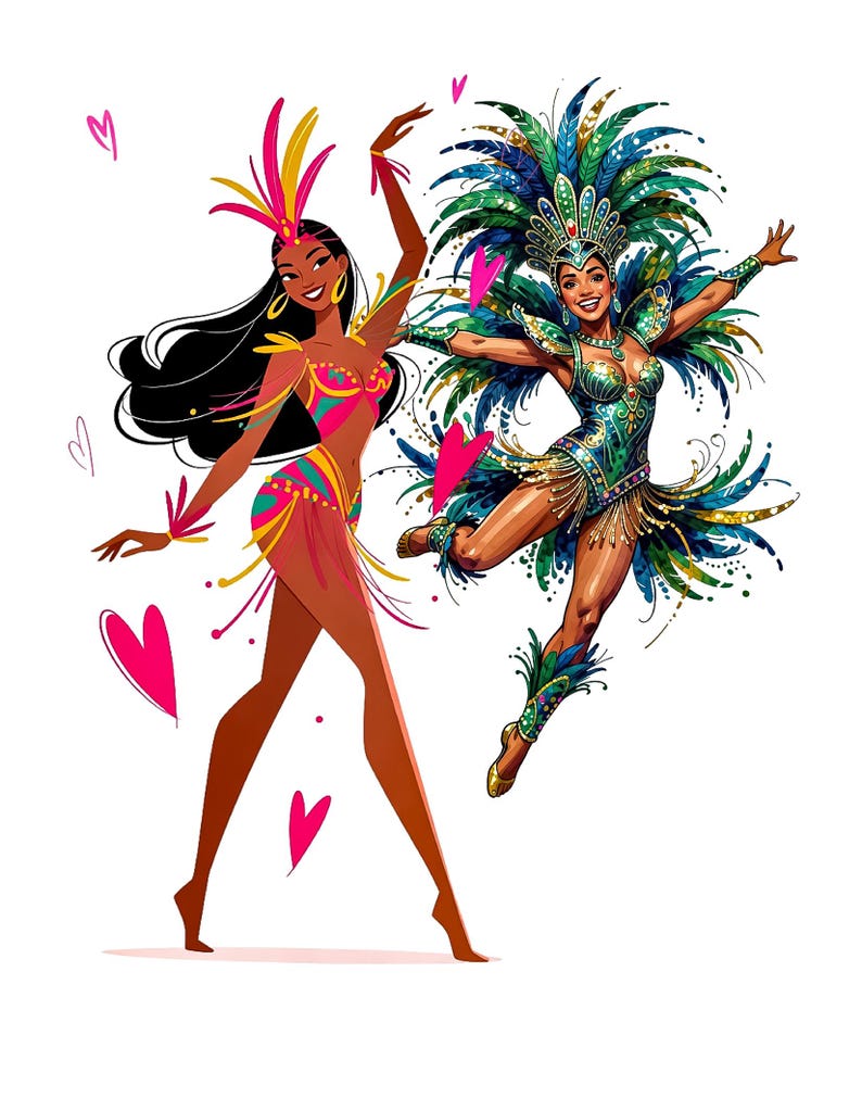 Puede incluir: Ilustraci&oacute;n de dos mujeres con vibrantes trajes de carnaval. Una lleva un atuendo rosa, amarillo y verde con un tocado de plumas. La otra lleva un disfraz verde y azul con un tocado enjoyado. Corazones rosas flotan en el fondo.