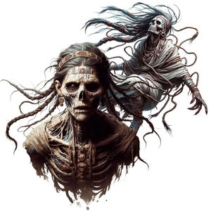 Puede incluir: Arte digital de dos figuras esqueléticas con cabello largo y fluido y tocados intrincados. Las figuras están representadas en tonos marrones y grises, con estructuras esqueléticas detalladas y prendas envueltas, creando una composición artística inquietante.