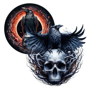 Peut inclure: Illustration numérique de deux corbeaux noirs. L'un est perché sur un crâne, les ailes déployées, l'autre sur un fond circulaire et enflammé. L'œuvre a un thème gothique sombre, avec un style artistique détaillé.