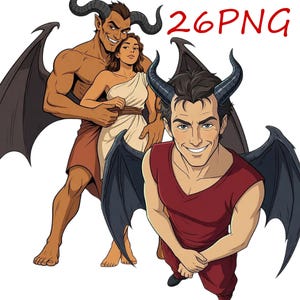 Pode incluir: Uma ilustração digital com duas figuras aladas com chifres e uma pessoa com uma toga branca. Uma figura tem pele escura e chifres grandes, enquanto a outra em primeiro plano veste uma blusa vermelha sem mangas. O texto 26PNG é visível.