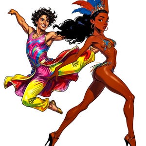 Puede incluir: Ilustraci&oacute;n de dos bailarines con vibrantes trajes de carnaval. Un bailar&iacute;n lleva un atuendo colorido sin mangas con una falda fluida. El otro bailar&iacute;n est&aacute; en bikini y tocado con plumas azules y rojas. Ambos llevan tacones altos y est&aacute;n en movimiento.