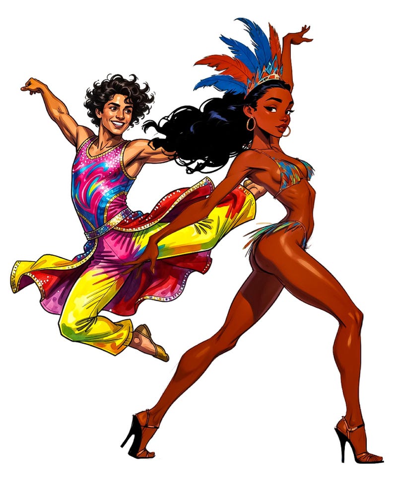 Puede incluir: Ilustraci&oacute;n de dos bailarines con vibrantes trajes de carnaval. Un bailar&iacute;n lleva un atuendo colorido sin mangas con una falda fluida. El otro bailar&iacute;n est&aacute; en bikini y tocado con plumas azules y rojas. Ambos llevan tacones altos y est&aacute;n en movimiento.