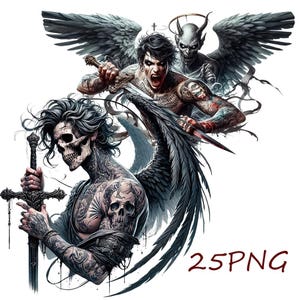 Peut inclure: Illustration numérique avec un ange, un démon et une figure squelettique, tous avec des tatouages, des ailes et des armes. L'ange crie, le démon a des cornes et la figure squelettique tient une épée. Le texte "25PNG" est en bas à droite.