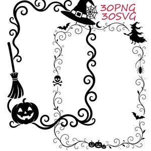 Puede incluir: Un diseño gráfico negro con dos marcos rectangulares con bordes de enredaderas. Los marcos incluyen motivos de Halloween como un sombrero de bruja, una escoba, una calabaza, una calavera, una araña, murciélagos y una bruja. Texto: 30PNG 30SVG.