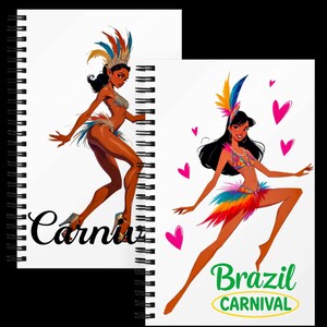Puede incluir: Dos cuadernos con espiral con ilustraciones de una mujer con un disfraz de carnaval. Un cuaderno tiene la palabra "Carnival" en escritura negra. El otro tiene las palabras "Brazil Carnival" en verde con un &oacute;valo amarillo.