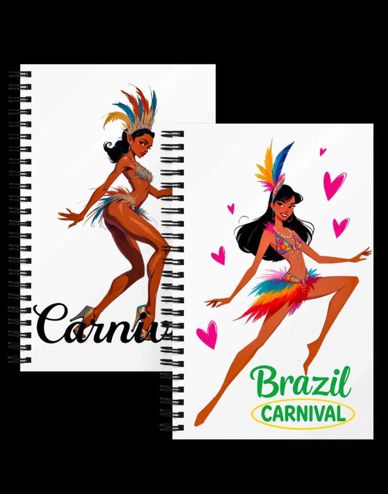 Puede incluir: Dos cuadernos con espiral con ilustraciones de una mujer con un disfraz de carnaval. Un cuaderno tiene la palabra "Carnival" en escritura negra. El otro tiene las palabras "Brazil Carnival" en verde con un &oacute;valo amarillo.