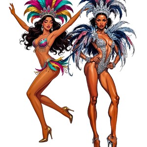 Puede incluir: Ilustraci&oacute;n de dos bailarinas con vibrantes trajes de carnaval. Las bailarinas llevan tocados enjoyados con plumas de colores y trajes adornados a juego. Una bailarina tiene los brazos levantados, la otra tiene los brazos a los lados. Ambas llevan tacones altos.