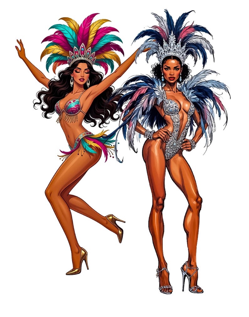 Puede incluir: Ilustraci&oacute;n de dos bailarinas con vibrantes trajes de carnaval. Las bailarinas llevan tocados enjoyados con plumas de colores y trajes adornados a juego. Una bailarina tiene los brazos levantados, la otra tiene los brazos a los lados. Ambas llevan tacones altos.