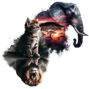 May include: An artistic illustration featuring a kitten, an elephant, and a lion. The kitten is brown and tan, gazing upwards. The elephant is gray, and the lion is reflected in the water. The background depicts an African sunset with a tree silhouette.
