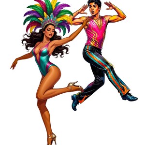 Puede incluir: Ilustraci&oacute;n de una pareja bailando con atuendo de carnaval vibrante. La mujer lleva un maillot turquesa y rosa, tacones dorados y un tocado de plumas. El hombre viste una camiseta rosa y dorada y pantalones negros con rayas coloridas.