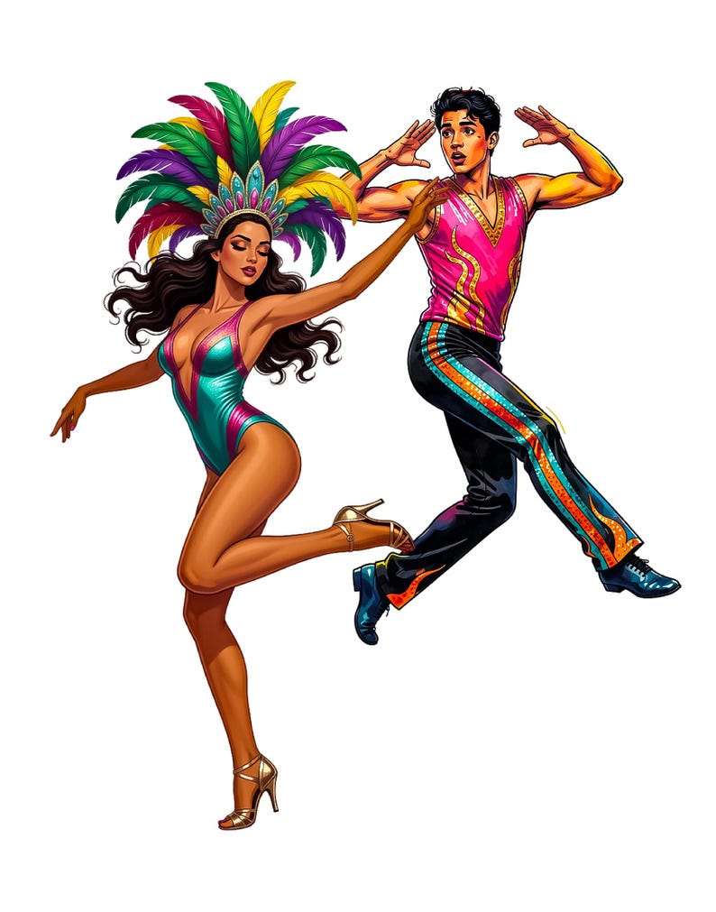 Puede incluir: Ilustraci&oacute;n de una pareja bailando con atuendo de carnaval vibrante. La mujer lleva un maillot turquesa y rosa, tacones dorados y un tocado de plumas. El hombre viste una camiseta rosa y dorada y pantalones negros con rayas coloridas.