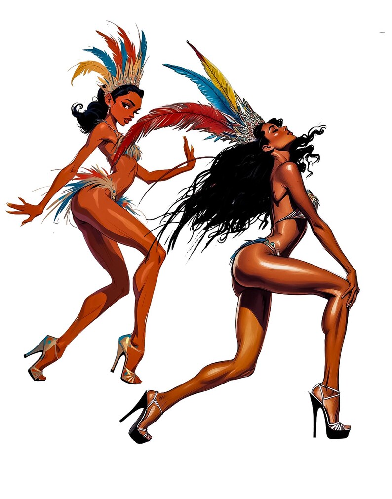 Puede incluir: Ilustraci&oacute;n de dos bailarinas con trajes vibrantes. Llevan tocados y adornos corporales con plumas rojas, azules y amarillas. Las bailarinas est&aacute;n en movimiento, con tacones altos, sobre un fondo blanco.