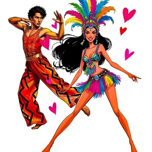 Puede incluir: Ilustraci&oacute;n de dos bailarines con vibrantes trajes de carnaval. El bailar&iacute;n masculino viste un atuendo rojo y naranja con patrones geom&eacute;tricos negros. La bailarina est&aacute; adornada con un tocado de plumas de colores, un top enjoyado y una falda con flecos. Corazones rosas flotan a su alrededor.