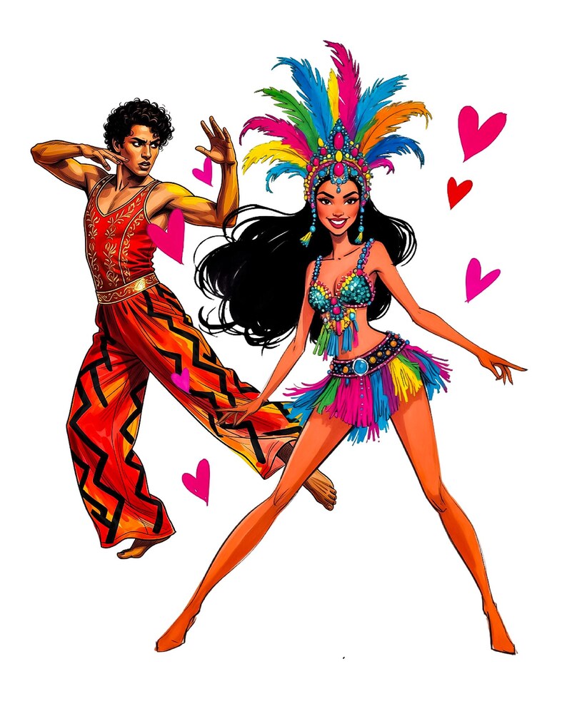 Puede incluir: Ilustraci&oacute;n de dos bailarines con vibrantes trajes de carnaval. El bailar&iacute;n masculino viste un atuendo rojo y naranja con patrones geom&eacute;tricos negros. La bailarina est&aacute; adornada con un tocado de plumas de colores, un top enjoyado y una falda con flecos. Corazones rosas flotan a su alrededor.