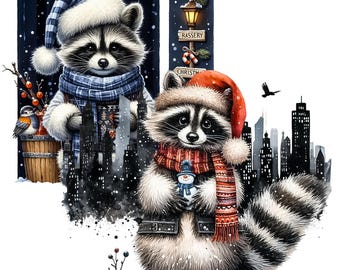 Christmas raccoon сlipart PNG Set, 28 PNG transparent background (digital download)