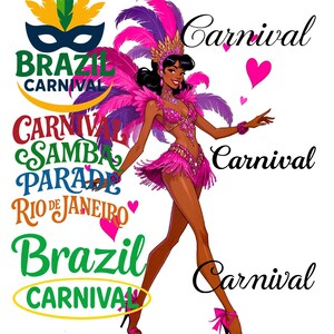 Puede incluir: Ilustraci&oacute;n de una mujer con un vibrante disfraz de carnaval rosa con detalles de plumas y una tiara enjoyada. La imagen incluye el texto "Brazil Carnival", "Carnival Samba Parade Rio de Janeiro" y "Carnival".