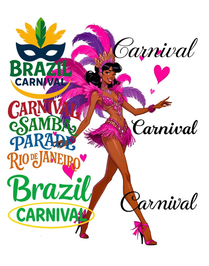 Puede incluir: Ilustraci&oacute;n de una mujer con un vibrante disfraz de carnaval rosa con detalles de plumas y una tiara enjoyada. La imagen incluye el texto "Brazil Carnival", "Carnival Samba Parade Rio de Janeiro" y "Carnival".