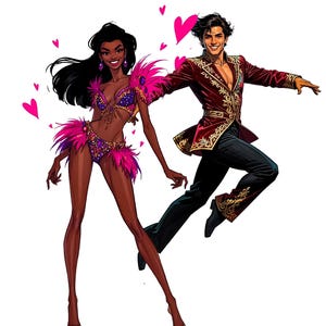 Puede incluir: Ilustraci&oacute;n de una pareja bailando. La mujer lleva un disfraz enjoyado con plumas rosas. El hombre viste una chaqueta burdeos con bordados dorados y pantalones negros. Corazones rosas flotan en el fondo, sugiriendo un tema rom&aacute;ntico.