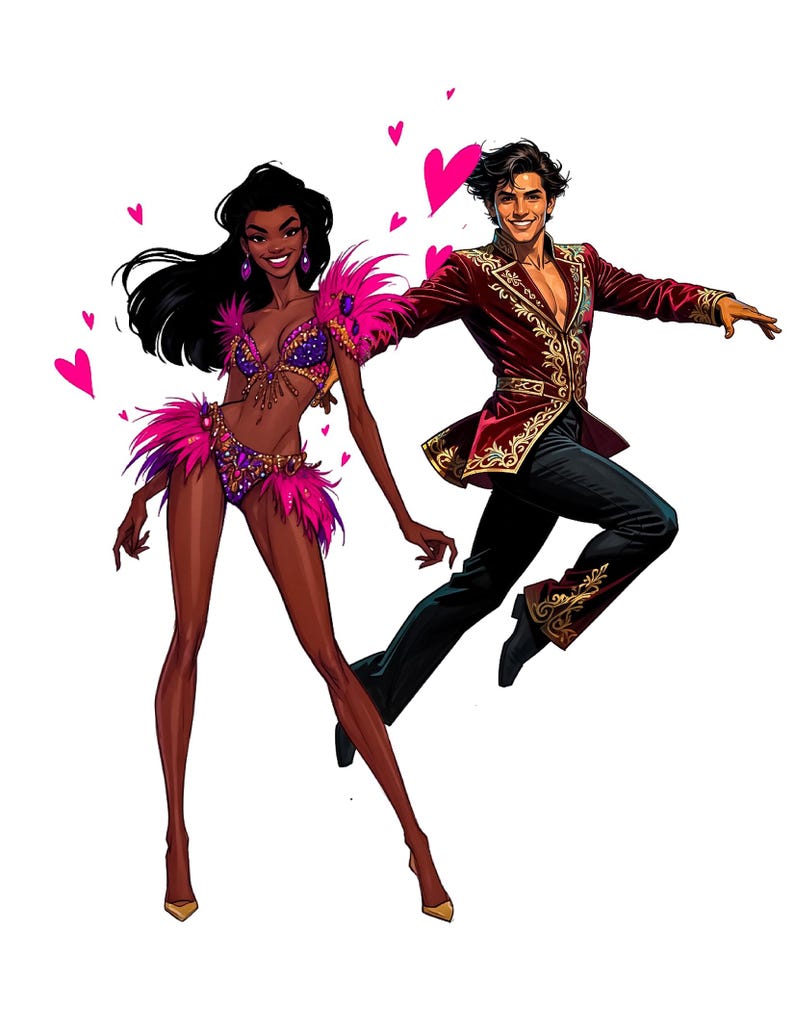 Puede incluir: Ilustraci&oacute;n de una pareja bailando. La mujer lleva un disfraz enjoyado con plumas rosas. El hombre viste una chaqueta burdeos con bordados dorados y pantalones negros. Corazones rosas flotan en el fondo, sugiriendo un tema rom&aacute;ntico.