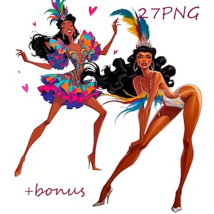 Puede incluir: Ilustraci&oacute;n de dos mujeres con trajes de carnaval. Una lleva un vestido colorido con detalles de plumas, la otra un body blanco. Ambas tienen tocados elaborados y posan din&aacute;micamente. El texto dice "27PNG" y "+bonus".