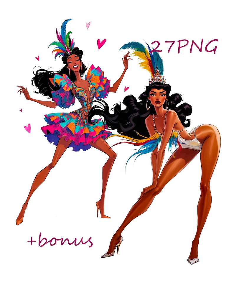 Puede incluir: Ilustraci&oacute;n de dos mujeres con trajes de carnaval. Una lleva un vestido colorido con detalles de plumas, la otra un body blanco. Ambas tienen tocados elaborados y posan din&aacute;micamente. El texto dice "27PNG" y "+bonus".