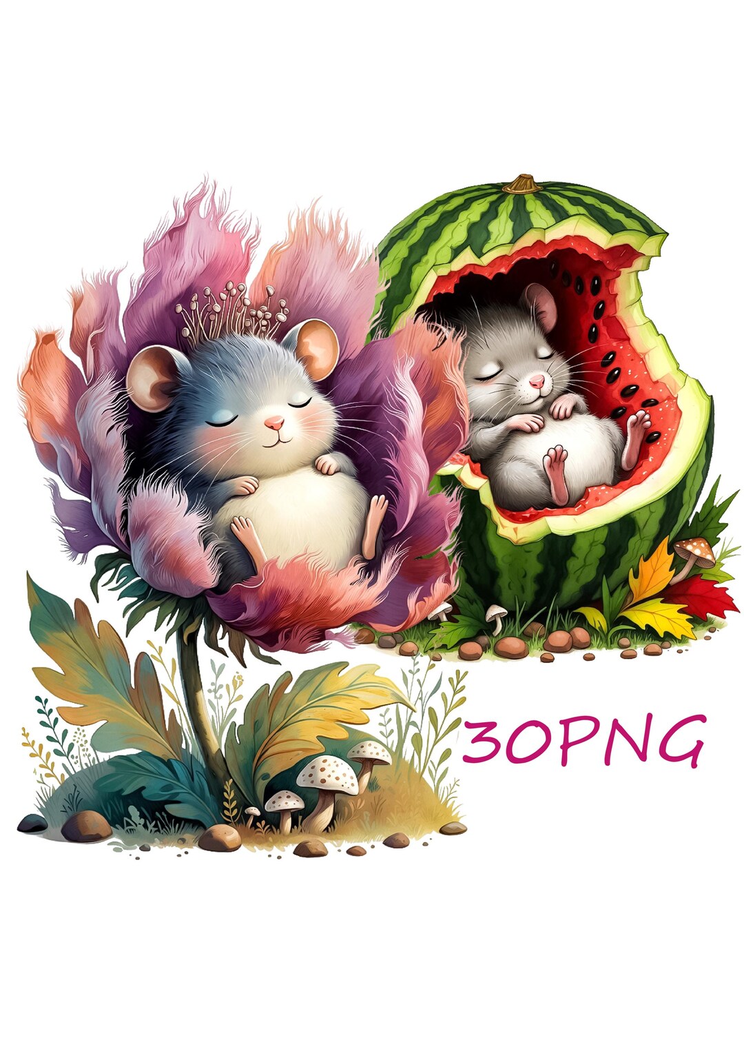 Sleeping Mouse Flower Clipart – Spring Floral Character, 30 PNG Set ...