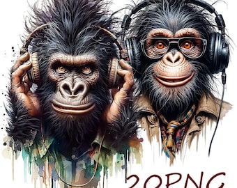 Monkey DJ Clipart, Music Animal Art, Headphones 20 PNG Files Digital Download