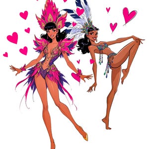 Puede incluir: Ilustraci&oacute;n de dos bailarinas con trajes vibrantes. Una lleva un atuendo de plumas rosa y morado con un tocado a juego. La otra lleva un conjunto de joyas azules y verdes con un tocado de plumas. Corazones rosas flotan a su alrededor.