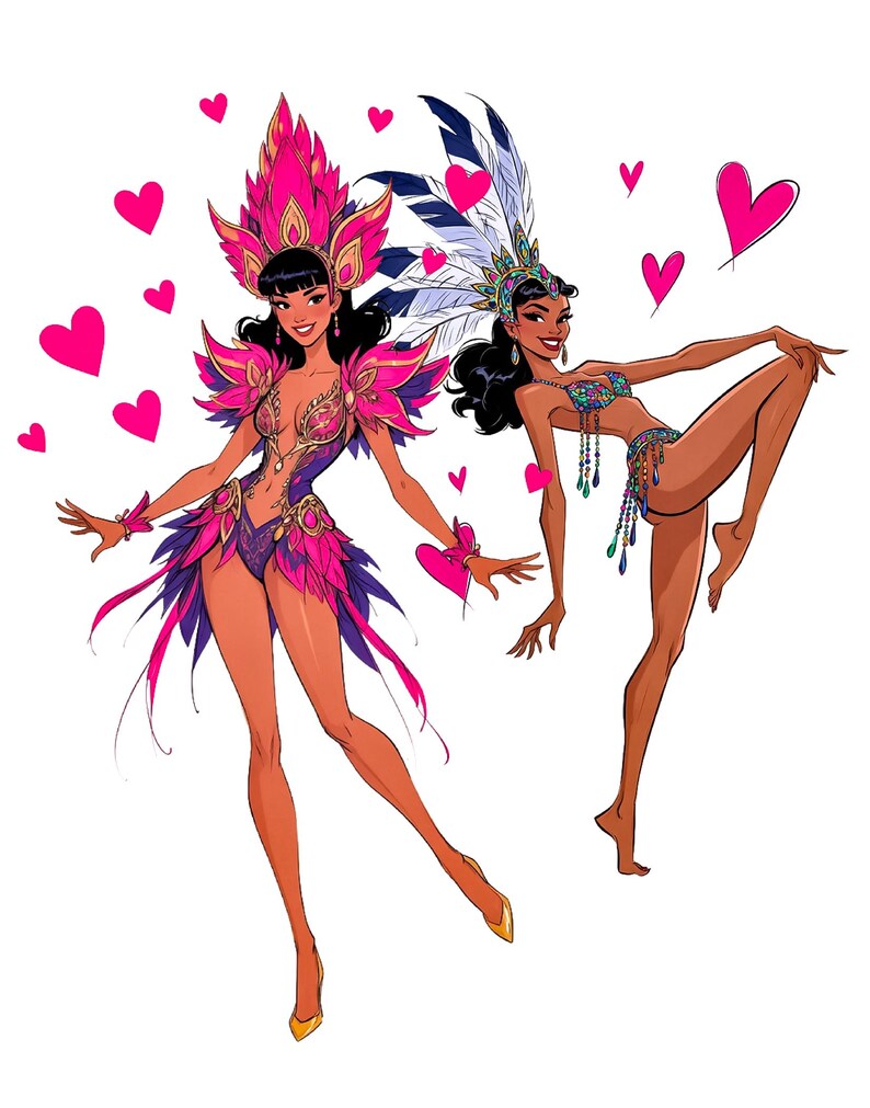 Puede incluir: Ilustraci&oacute;n de dos bailarinas con trajes vibrantes. Una lleva un atuendo de plumas rosa y morado con un tocado a juego. La otra lleva un conjunto de joyas azules y verdes con un tocado de plumas. Corazones rosas flotan a su alrededor.