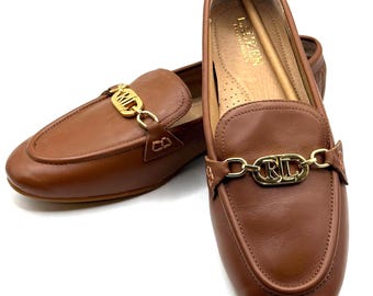 Lauren Ralph Lauren Averi II Leather Loafers Women's Brown Gold Bit LRL, Size 8,
