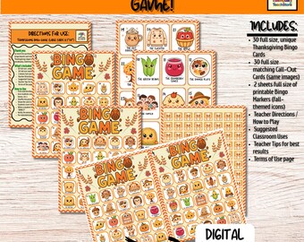 May include: Digital Thanksgiving Bingo Game. The image displays several bingo cards featuring autumn-themed illustrations, such as pumpkins and turkeys. The cards are beige with orange and brown accents. The text "Thanksgiving Bingo Game!" is at the top of the image.