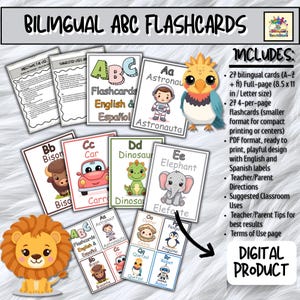 May include: Bilingual ABC flashcards with English and Spanish text. The flashcards feature colorful illustrations of animals and objects, including a car, elephant, and astronaut. The set includes 27 full-page and 27 smaller flashcards, ready to print.