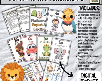 May include: Bilingual ABC flashcards with English and Spanish text. The flashcards feature colourful illustrations of animals and objects, including a car, elephant, and astronaut. The set includes 27 full-page and 27 smaller flashcards, ready to print.