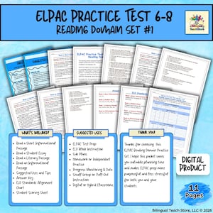 Pode incluir: Um conjunto digital de prática de domínio de leitura ELPAC para os graus 6-8. A imagem mostra uma coleção de 11 páginas com exercícios de compreensão de leitura, incluindo passagens informativas, ensaios e chaves de resposta. O conjunto inclui sugestões de uso.