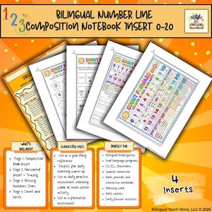 Può includere: Un set di quattro inserti didattici stampabili per quaderni con una linea numerica bilingue da 0 a 20. Le pagine includono esercizi di conteggio, tracciamento dei numeri e attività con illustrazioni colorate di soli.