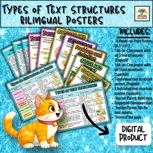 Puede incluir: Pósteres educativos bilingües "Tipos de estructuras de texto" en inglés y español. Los pósteres cubren estructuras de texto como descripción y secuencia. La imagen incluye un gato de dibujos animados y el texto "Producto Digital".