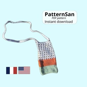 Peut inclure: Un sac au crochet avec une section supérieure en maille blanche, une bande centrale orange et une base vert clair. Le sac possède une longue bandoulière blanche. Le texte indique : PatternSan, PDF pattern, Instant download. Drapeaux inclus.