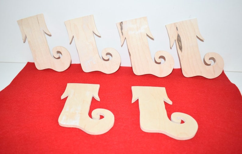 Elf Stocking Cut Outs Jester Boots Set of Six DIY Christmas Ornaments Upcycled Unfinished Wood Whimsical Boots