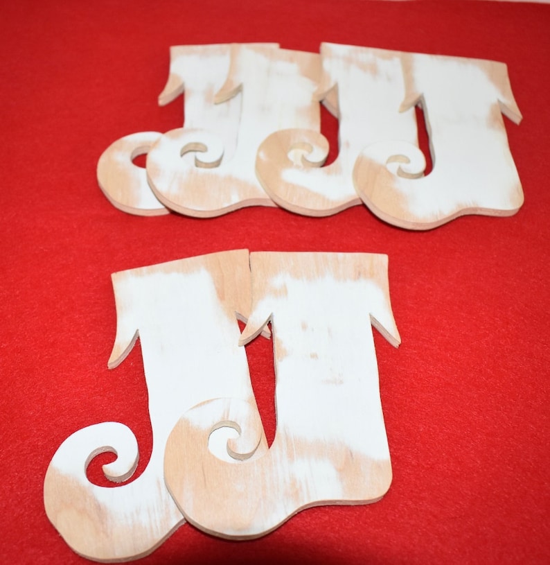 Elf Stocking Cut Outs Jester Boots Set of Six DIY Christmas Ornaments Upcycled Unfinished Wood Whimsical Boots