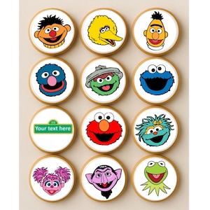 May include: A dozen round cookies with Sesame Street character designs. Each cookie features a different character, including Elmo, Big Bird, and Cookie Monster, on a white background with a brown cookie border. One cookie has the text "Your text here".