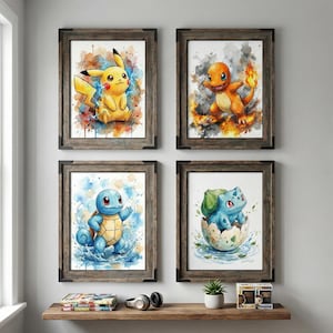 Niedliches 4er Set Elementarkreatur, Aquarell Anime Stil Digitaldrucke, Fantasy Monster Poster Bundle, Kinderzimmer Dekor