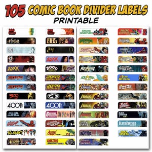 Puede incluir: Una hoja de 105 etiquetas divisorias de cómics imprimibles. Cada etiqueta presenta títulos de cómics e ilustraciones coloridas. Los títulos incluyen "Spider-Man", "Aquaman" y "Black Panther". Las etiquetas están diseñadas para organizar colecciones de cómics.