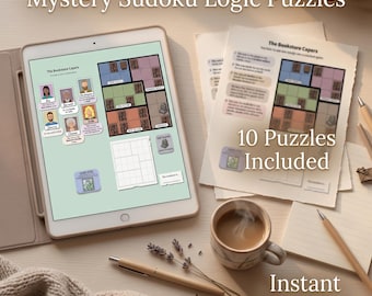 10 mysterieuze sudoku-puzzels in afdrukbare pdf, logische spellen, misdaadoplossende raadsels, gezellig activiteitenboek, afdrukbare puzzels