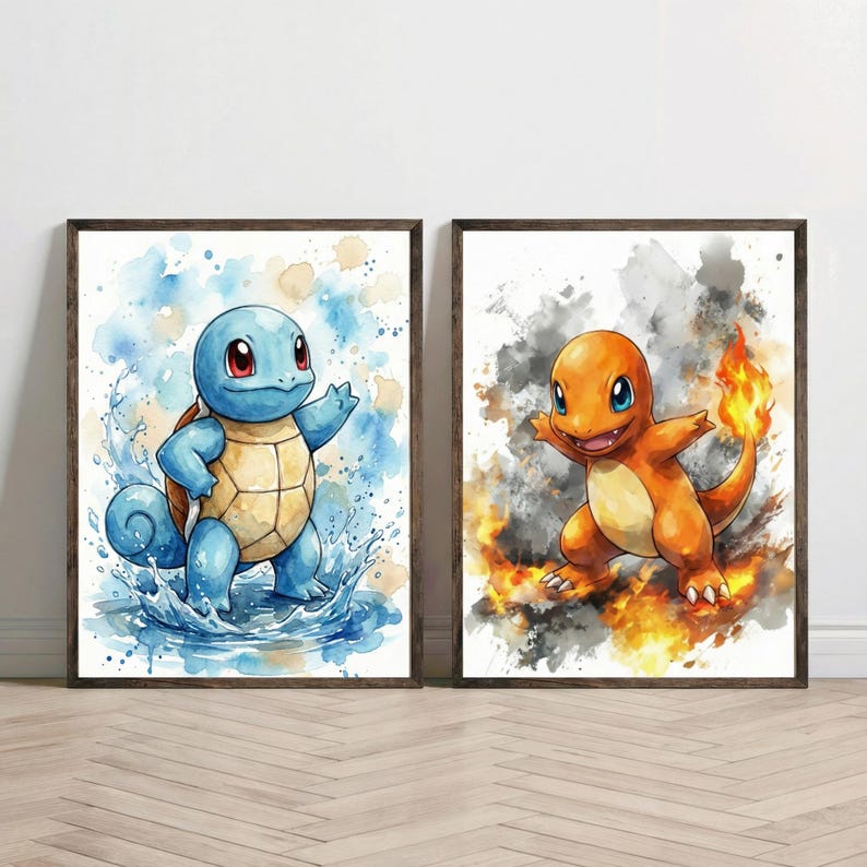 Computer Decorations Creatures Cute Elemental Creature Wall Art Set of 4, Watercolor Anime Style ...